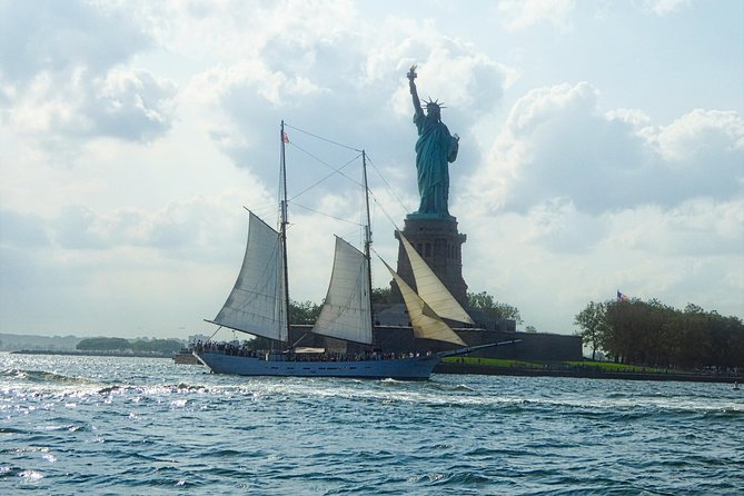 NYC Statue of Liberty Tall Ship Sail aboard Clipper City - The harbor loop: skyline, Brooklyn Bridge, and Liberty from the water